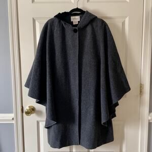 Worthington Gray Wool Hooded Cape Poncho Velvet Trim One Button